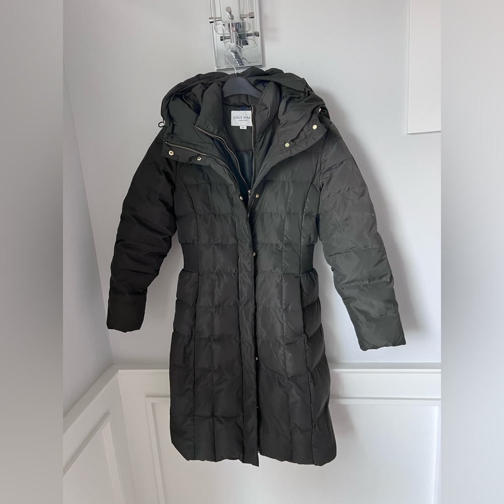 Women's Long Quilted Coat - Olive. Cole Haan size SP - Picture 3 of 15